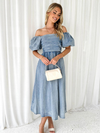 Off-Shoulder Balloon Sleeve Denim Dress